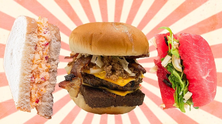 Three vintage sandwiches against a striped orange background
