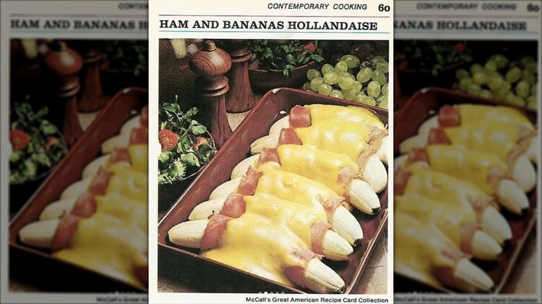Old recipe card for banana ham hollandaise with image of ham-wrapped bananas in baking dish