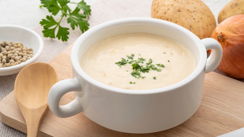 Leek and potato soup in bowl