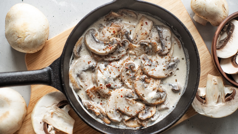 Mushroom sauce in cast-iron pan