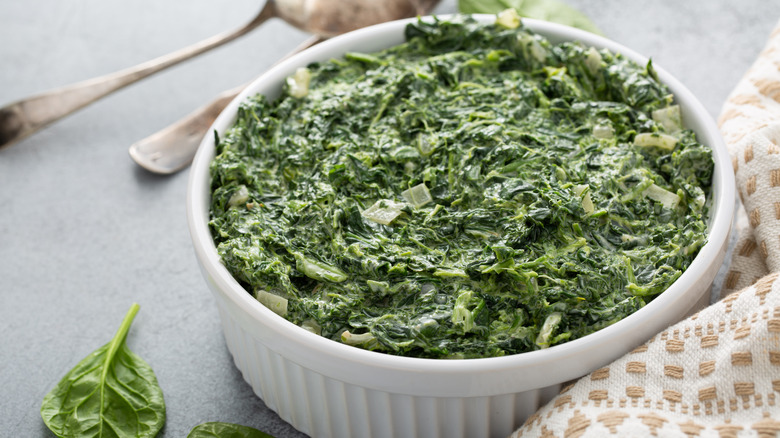 Creamed spinach in dish