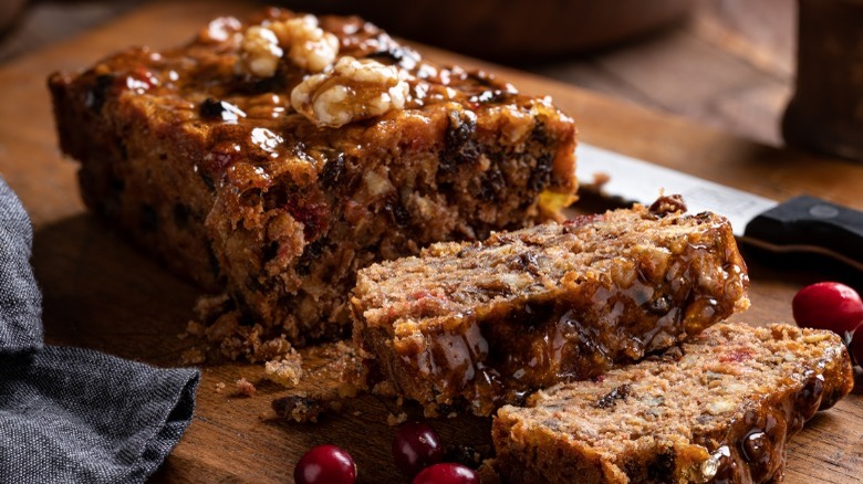 Slices from loaf of fruitcake