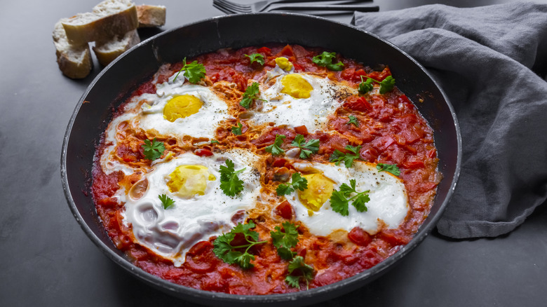 Shakshuka plate with eggs, bread slices, and towel