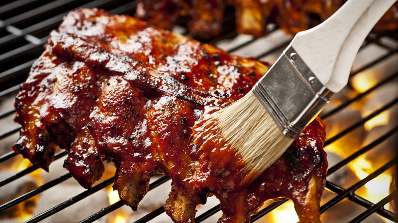 Ribs covered in barbecue sauce