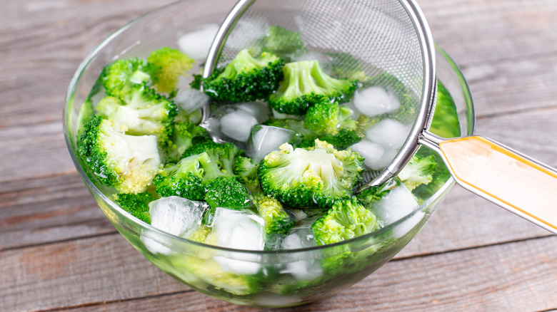 Blanched broccoli in ice 