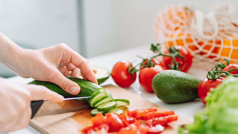 Sliced vegetables on table