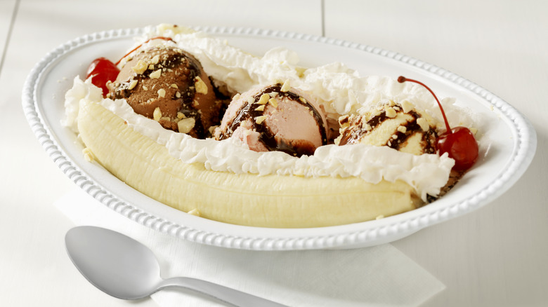 Banana split with spoon