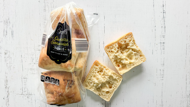 Specially Selected ciabatta rolls on white surface