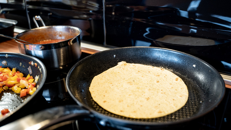 Corn tortilla in a pan