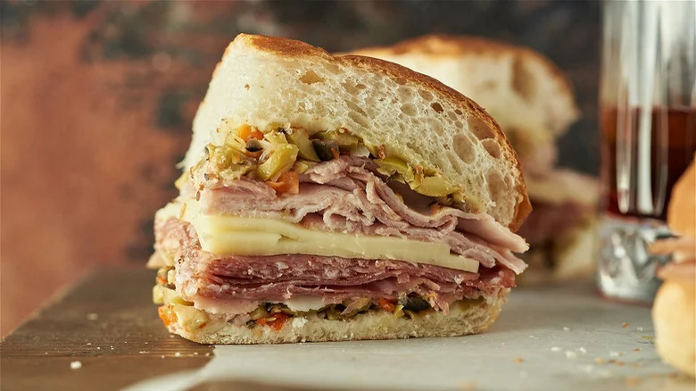 Muffuletta sandwich with layers of meat