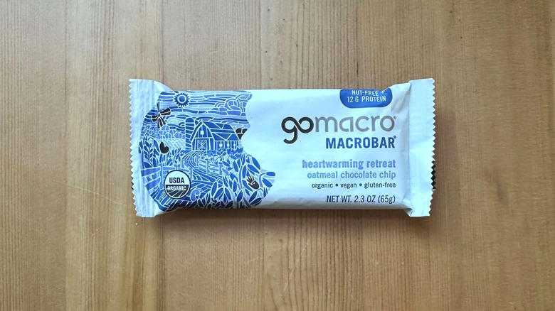 GoMacro protein bar on wooden table