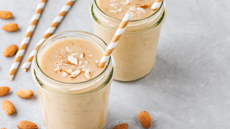 two banana almond smoothie glasses