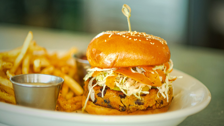 Veggie burger with slaw and fries