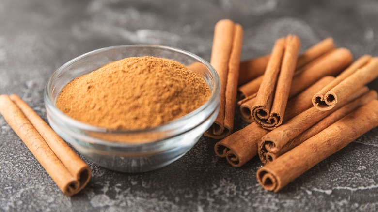 Ground cinnamon in a glass bowl surrounded by cinnamon sticks on a gray background