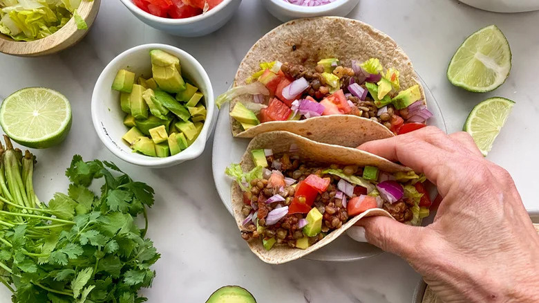 Lentil tacos and toppings