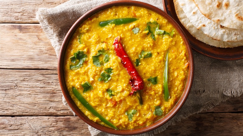 Lentil dal with chili pepper