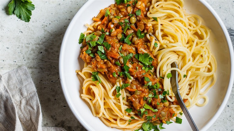 Lentil bolognese over spaghetti