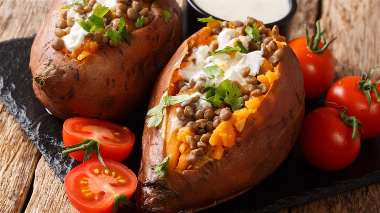 Lentil-topped sweet potatoes