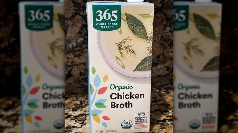 Box of Whole Foods 365 chicken broth