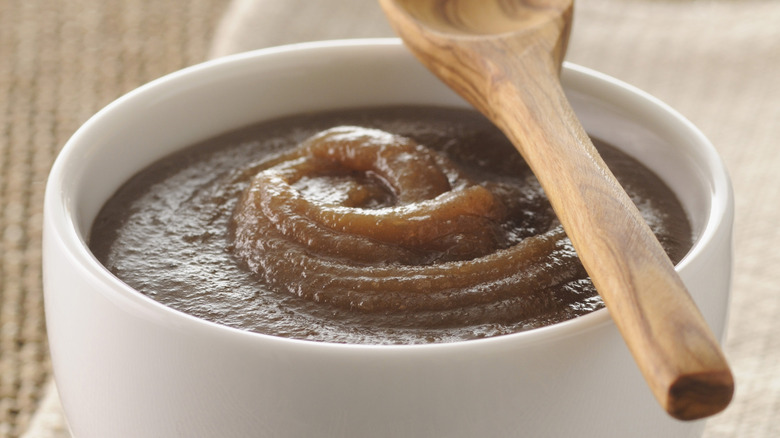 chestnut spread in a bowl with wooden spoon