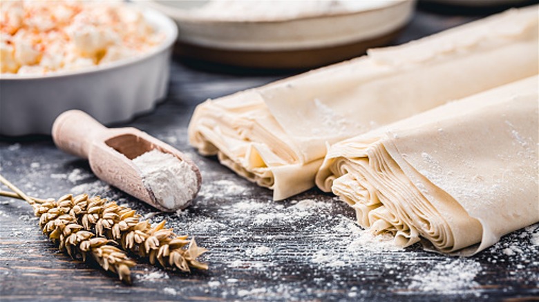 Phyllo dough on floured table