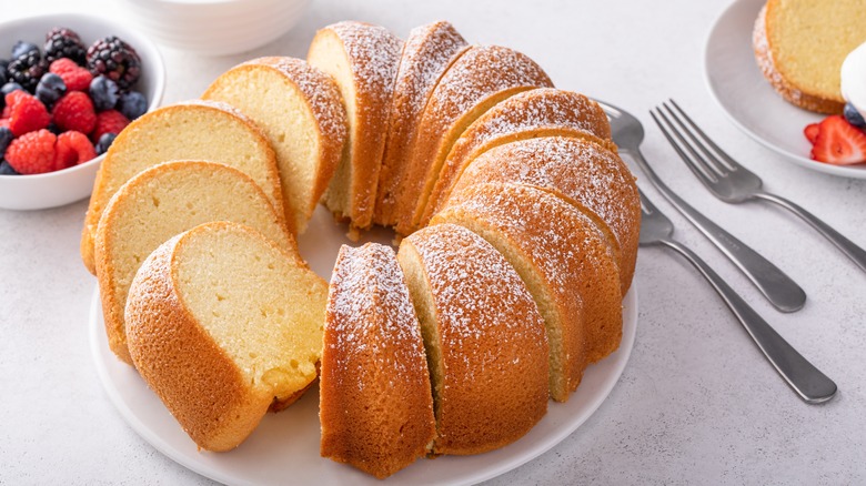 vanilla pound cake bundt style sliced on plate