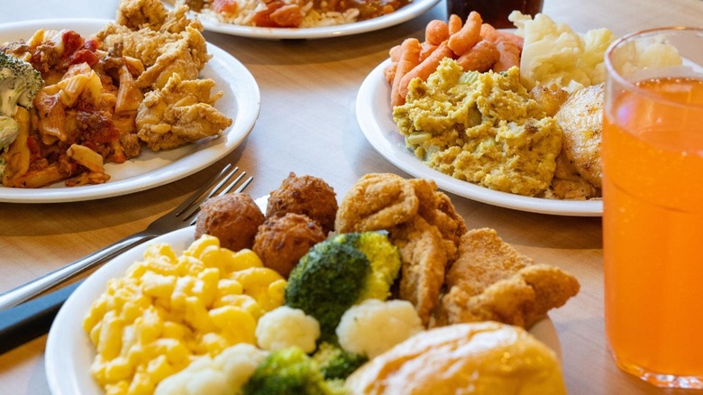 Golden Corral plate of food including hush puppies