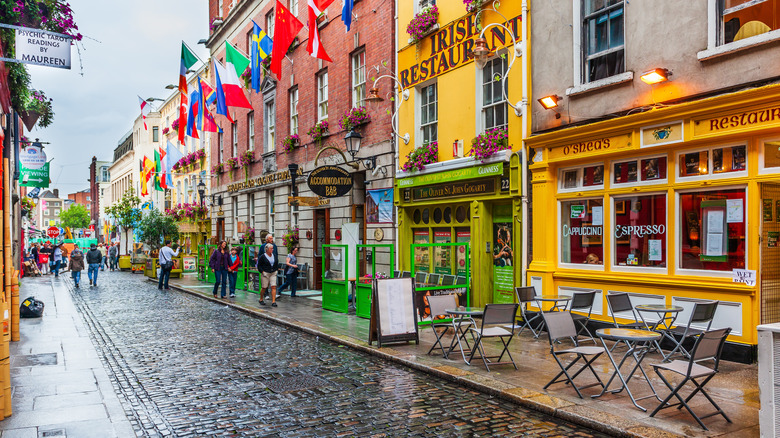 Bright street with restuarants