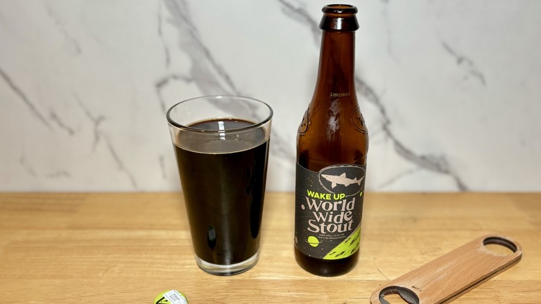 open bottle of Dogfish Head's Wake Up World Wide stout