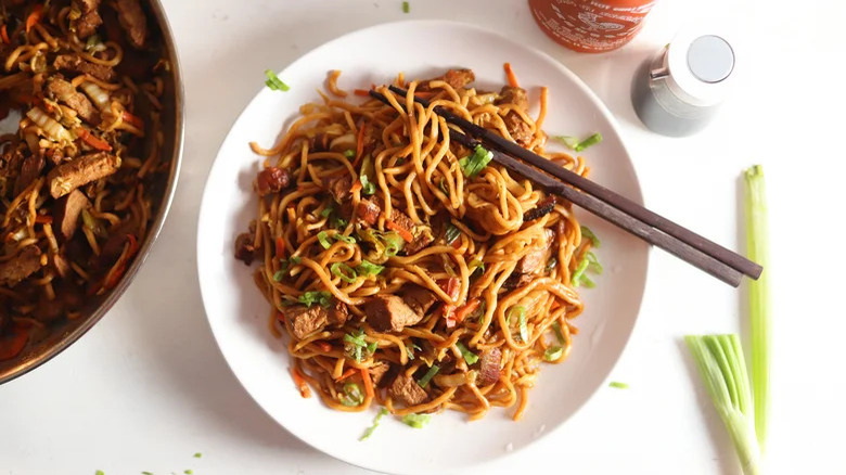 pork lo mein in a dish