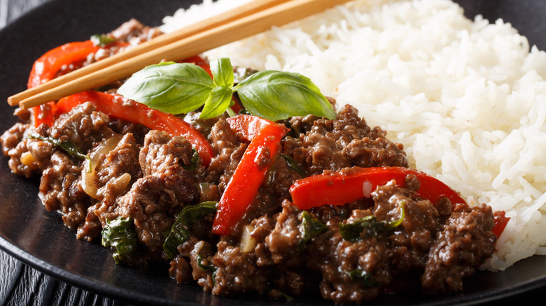 Thai basil beef served with rice