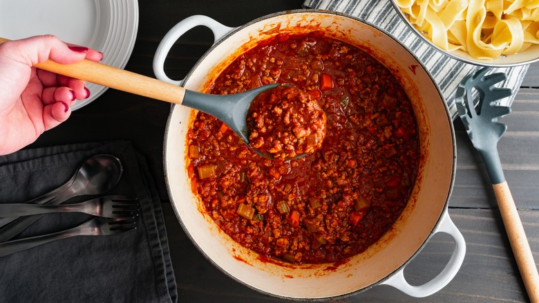 Bolognese sauce in pot