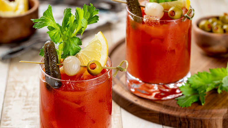 Elaborately presented Bloody Mary cocktails