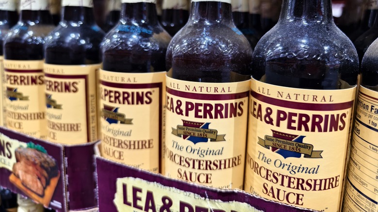 Worcestershire sauce bottles on shelf