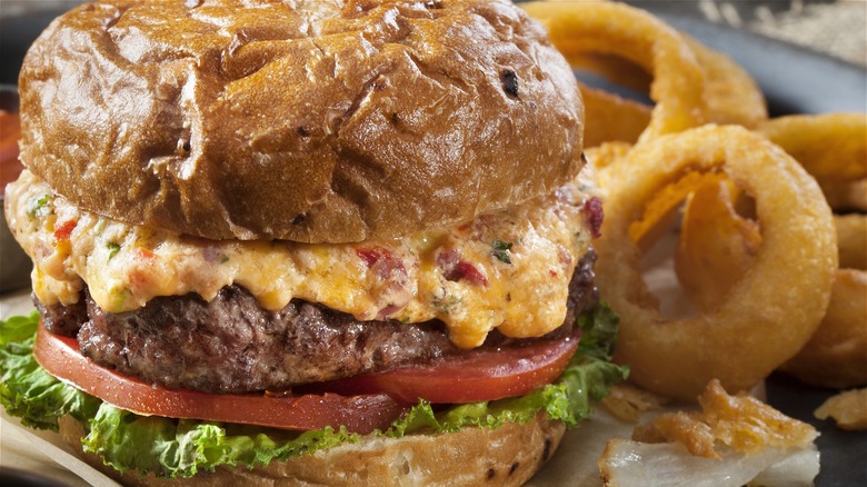 burger topped with pimento cheese