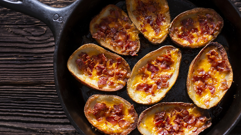 Aerial shot of potato skins in skillet