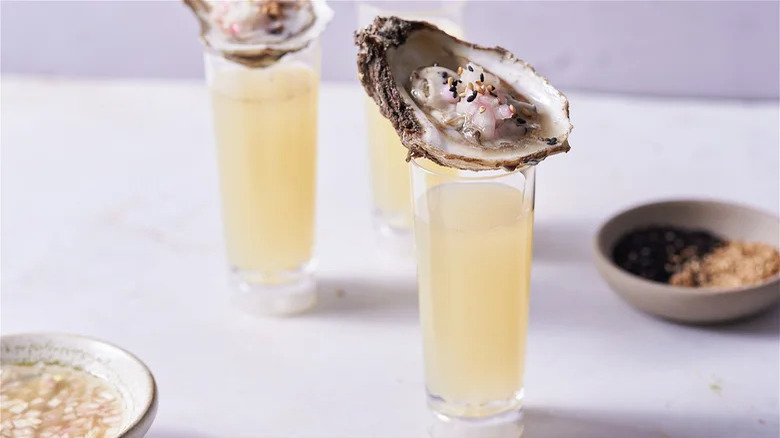 sesame-topped vodka oyster shooter