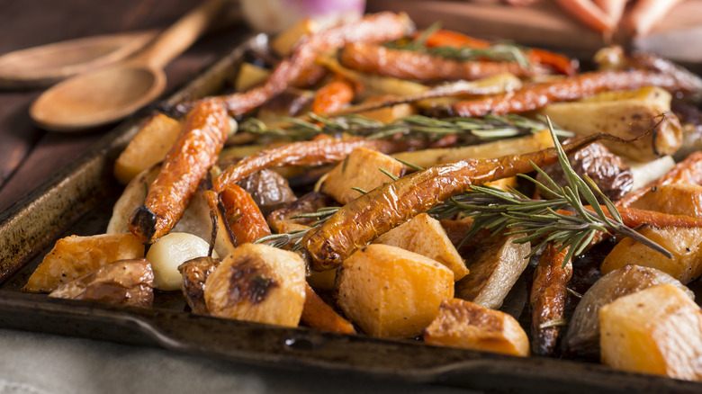 roasted root vegetables on tray