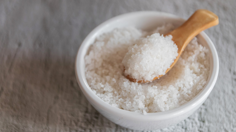 Chunky salt in white bowl