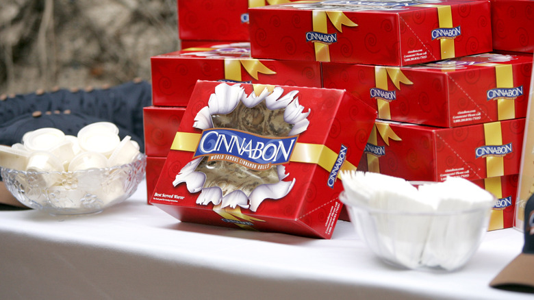 Cinnabon packaged cinnamon rolls on table