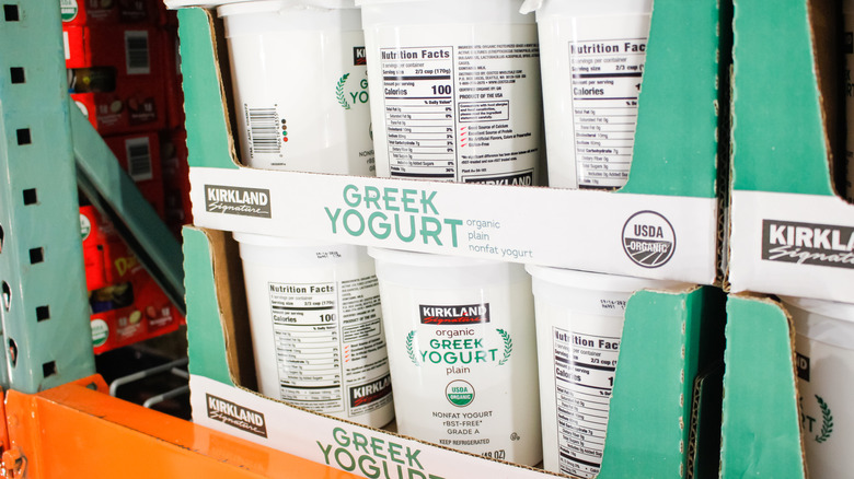 Boxes of Costco Greek yogurt on the shelf
