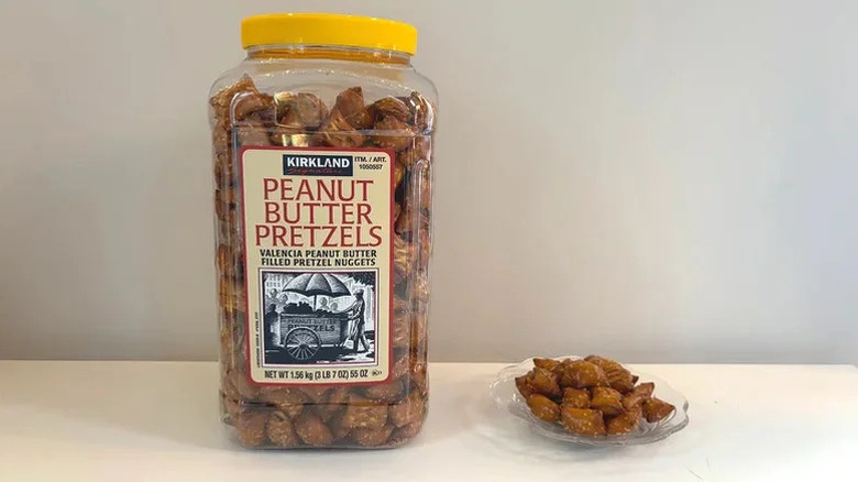 Kirkland peanut butter pretzel in plastic container and on plate