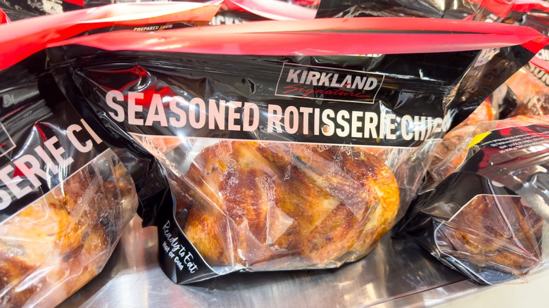 Costco warehouse rotisserie chicken in a bag on display at local club