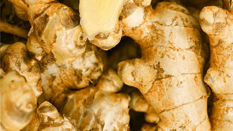 close up of a pile of ginger roots and ginger slices