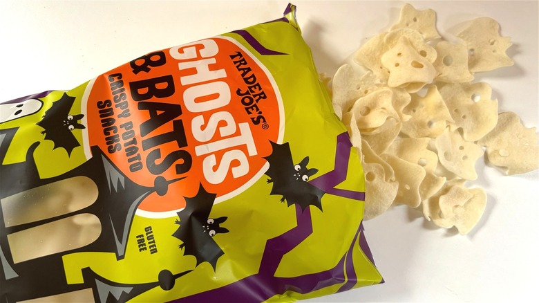 trader joe's ghost and bats potato snack spilling out of bag on table