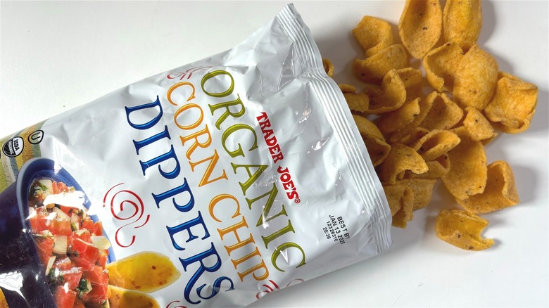 trader joes corn chip dippers spilling out of bag onto table