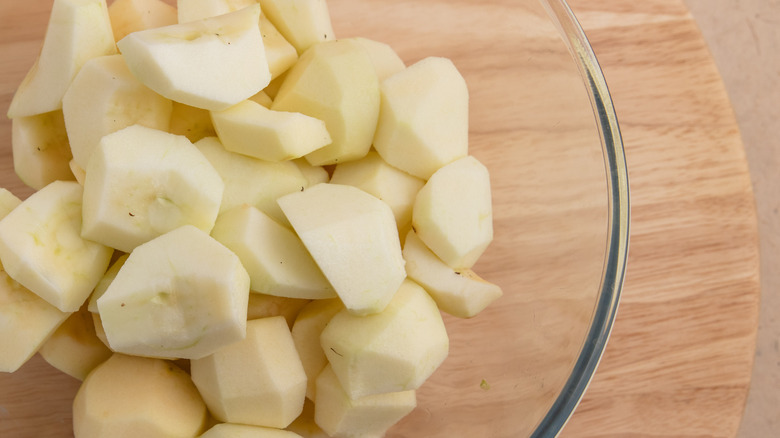 Chopped apples in a glass bowl