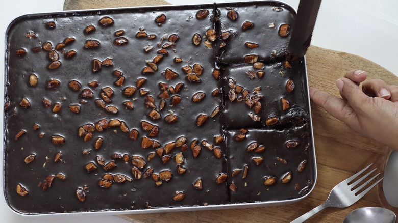 Chocolate sheet cake with nuts