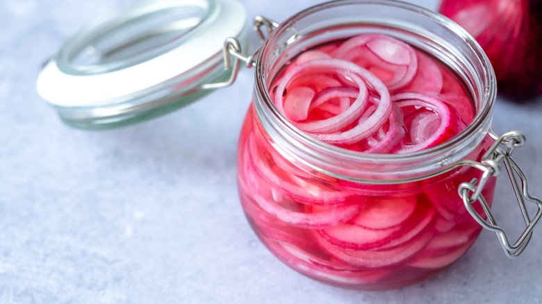 pickled red onions in jar