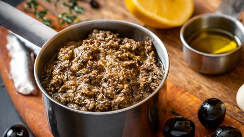 olive tapenade in saucepan